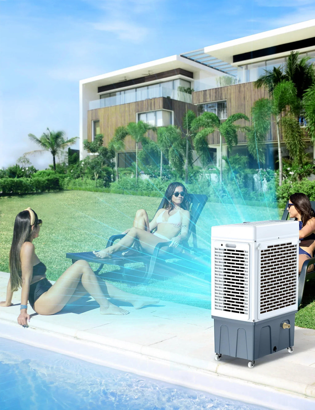 Nouveauté 2026 – Refroidisseur évaporatif E , 2100 CFM, refroidisseur d'air à oscillation de 120 pouces avec télécommande, minuterie 24 h, 3 vitesses de ventilation pour une utilisation intérieure et extérieure, 7,9 gallons