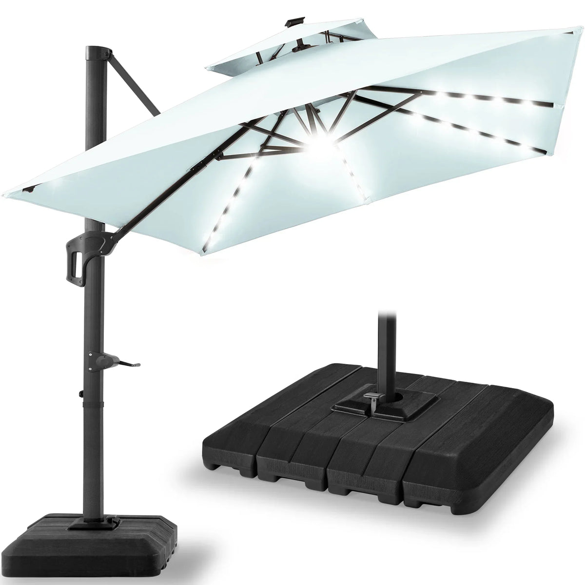 Nouveauté 2026 – Parasol de terrasse carré déporté à deux niveaux, 3 x 3 m, à éclairage solaire LED, avec base incluse (Best Choice Products, ) - Beige