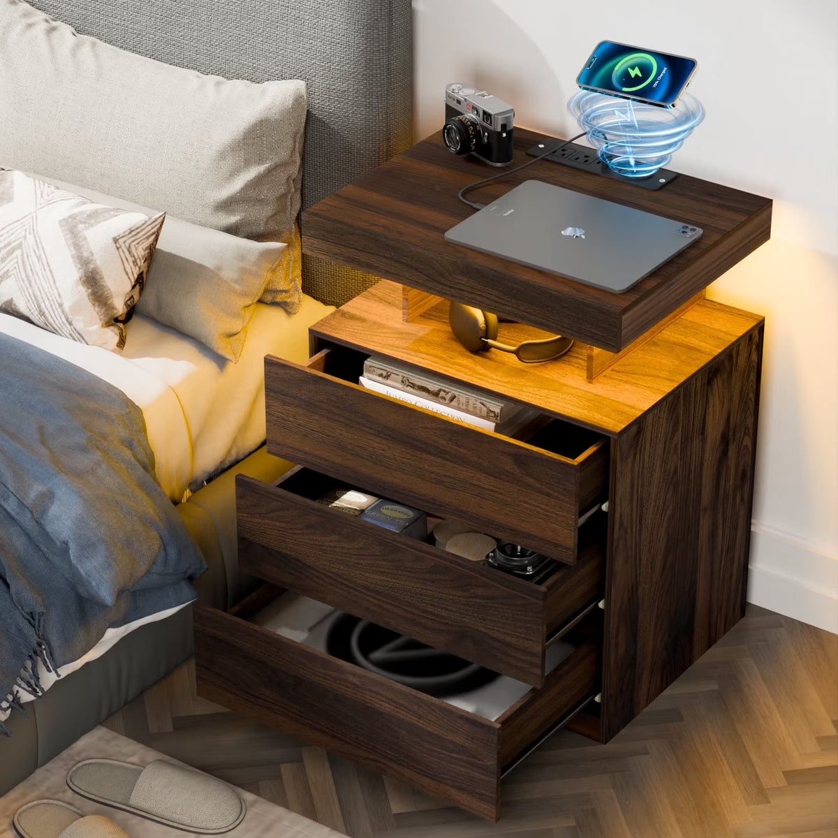 Nouveauté 2026 – Table de chevet LED Hommpa avec station de charge sans fil, ports USB Type-C, 3 tiroirs, finition laquée noire, style moderne et élégant, hauteur 68 cm (26,8 pouces). Idéale pour la chambre à coucher