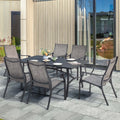 Nouveauté 2026 – Ensemble de salle à manger d'extérieur 7 pièces Nuu Garden , en aluminium résistant à la rouille, comprenant 6 chaises en textilène et une table rectangulaire avec trou pour parasol, couleur brun grisâtre