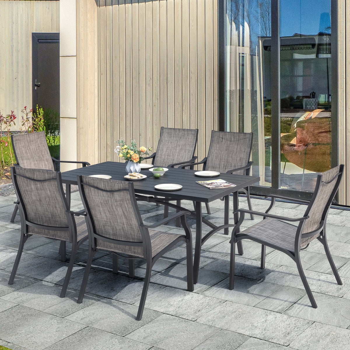 Nouveauté 2026 – Ensemble de salle à manger d'extérieur 7 pièces Nuu Garden , en aluminium résistant à la rouille, comprenant 6 chaises en textilène et une table rectangulaire avec trou pour parasol, couleur brun grisâtre
