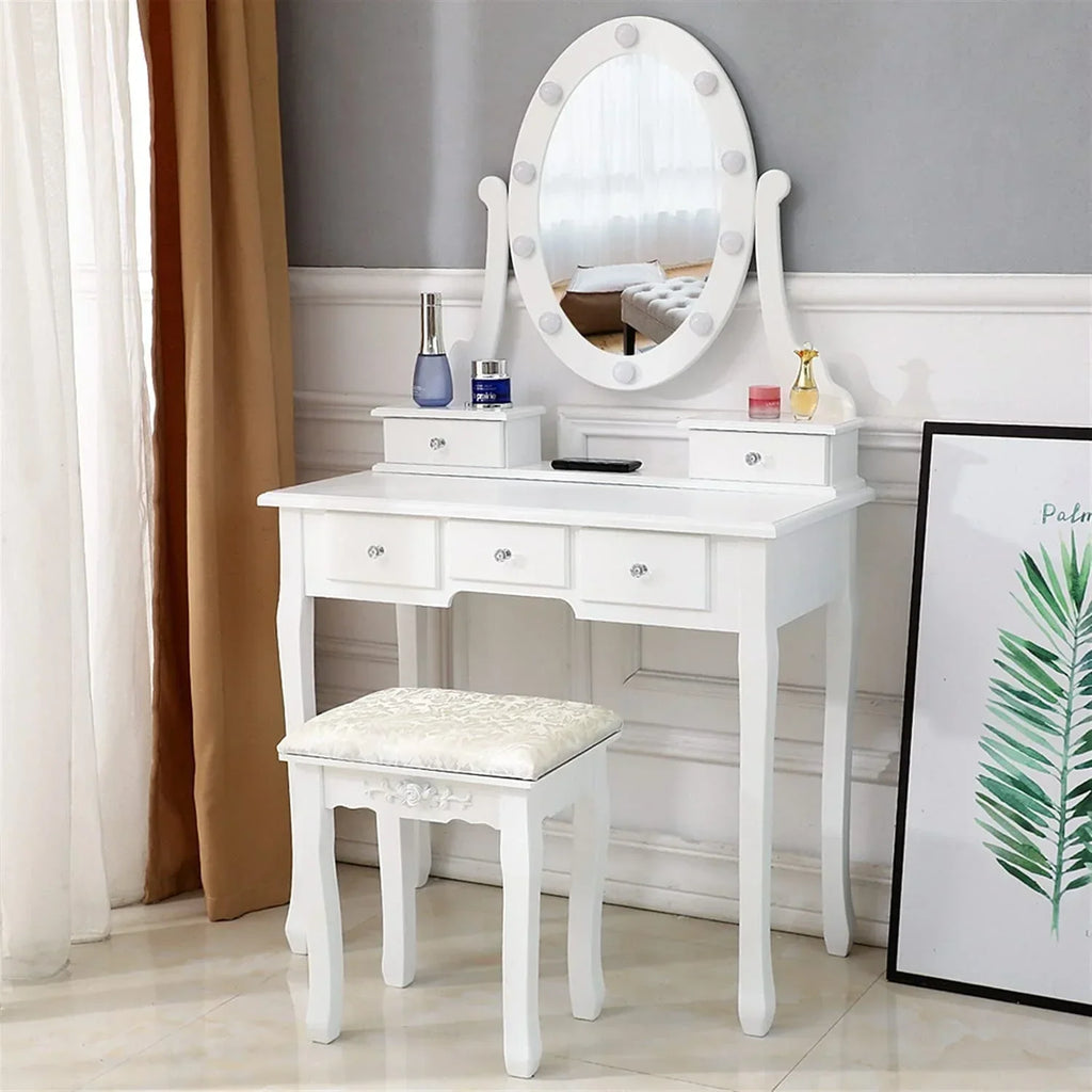 Nouveauté 2026 – Coiffeuse Ktaxon avec 10 lumières LED, 5 tiroirs et tabouret rembourré, ensemble de coiffeuse blanc pour chambre à coucher