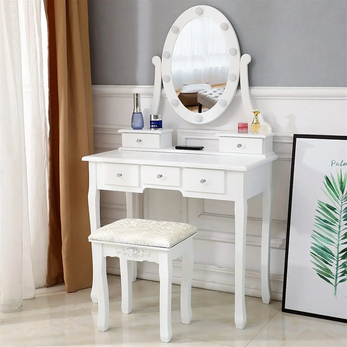 Nouveauté 2026 – Coiffeuse Ktaxon avec 10 lumières LED, 5 tiroirs et tabouret rembourré, ensemble de coiffeuse blanc pour chambre à coucher