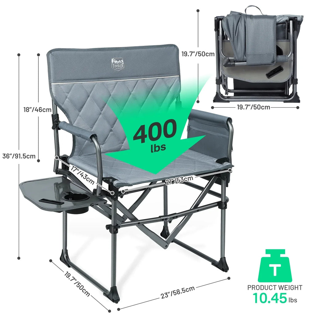 Nouveauté 2026 – Chaise de réalisateur portable TIMBER RIDGE , chaise de camping pliante robuste et compacte avec poche latérale et tablette latérale, supporte jusqu'à 181 kg, grise