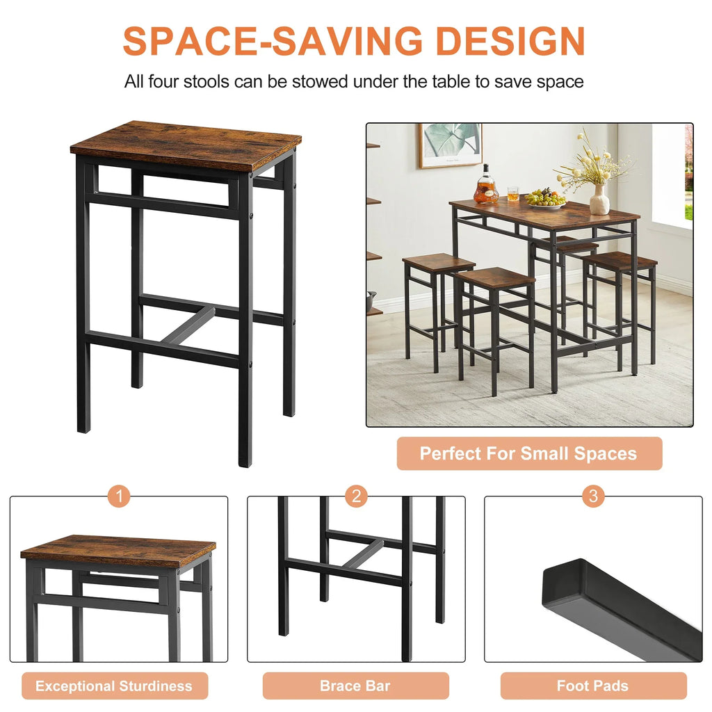 Nouveauté 2026 – Ensemble de table haute 5 places , table de bar et tabourets assortis, table à manger minimaliste avec tabourets sans dossier, ensemble table et chaises de bar avec plateau en bois pour cuisine, appartement ou bistrot - Gain de place