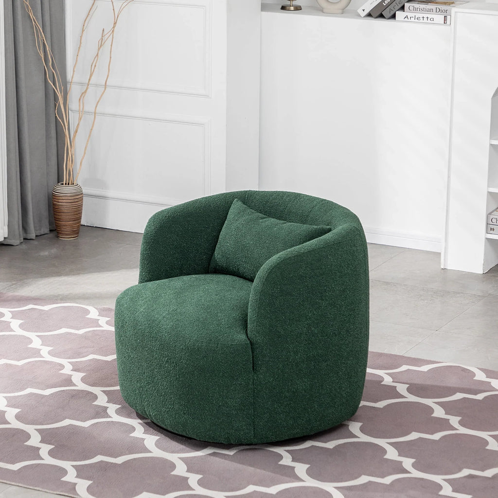 Nouveauté 2026 – Fauteuil pivotant rond 34" en bouclette de 86 cm de large, sans assemblage, avec coussin décoratif, idéal pour le salon et la chambre, couleur taupe