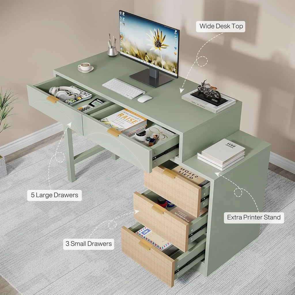 Nouveauté 2026 – Bureau d'ordinateur réversible Tribesigns 39" avec 5 tiroirs, en bois, pour bureau à domicile, vert (réf