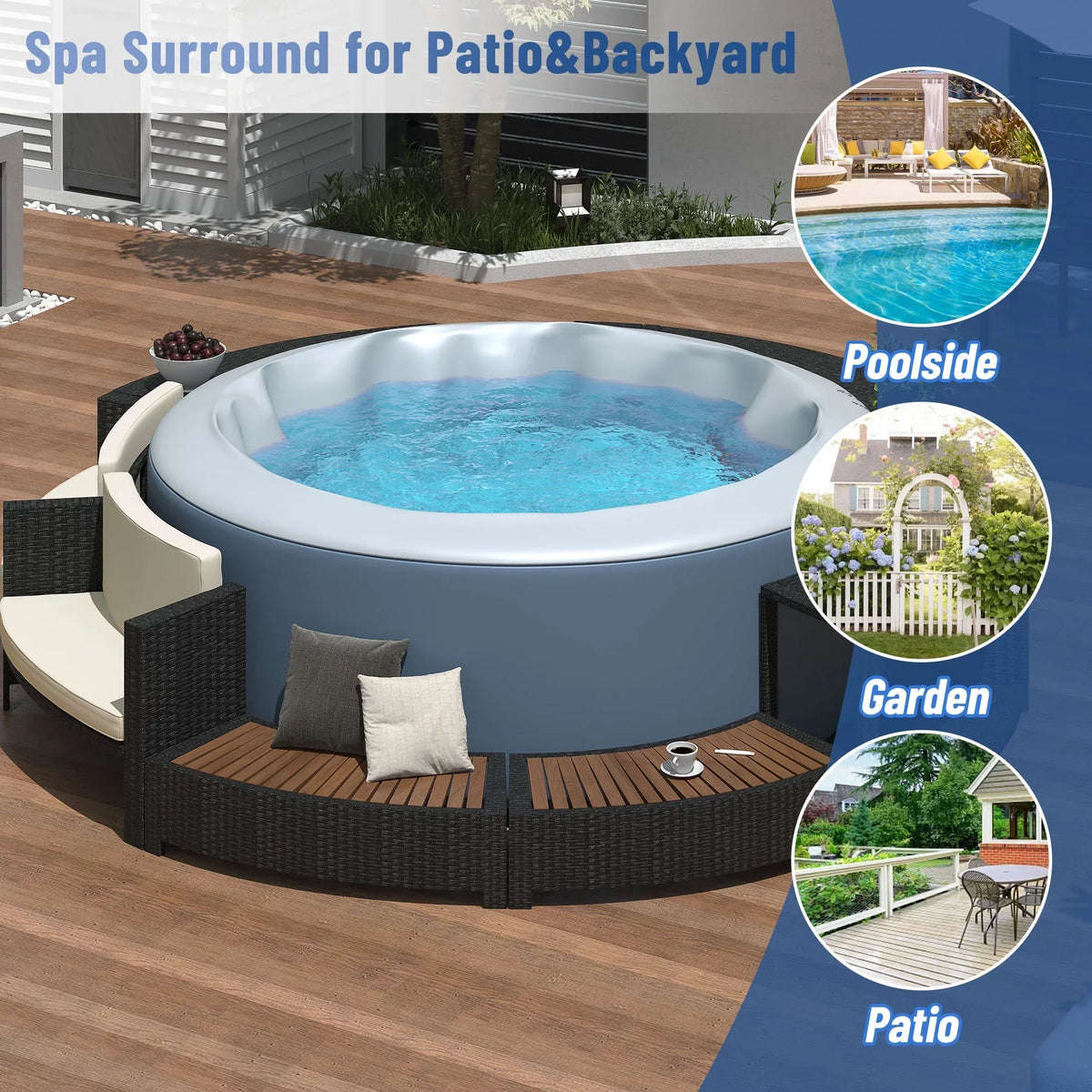 Nouveauté 2026 – Ensemble de mobilier de jardin Round pour spa , canapé d'angle en rotin avec mini-canapé, rangement pour spa en bois d'acacia massif, coussins gris