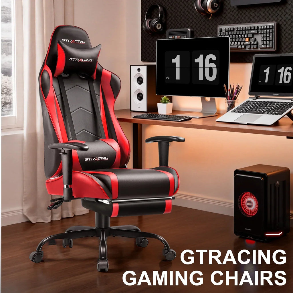 Nouveauté 2026 – Chaise de jeu GTRACING , chaise de bureau ergonomique avec soutien lombaire, revêtement en cuir PU, repose-pieds et appui-tête réglable, rouge