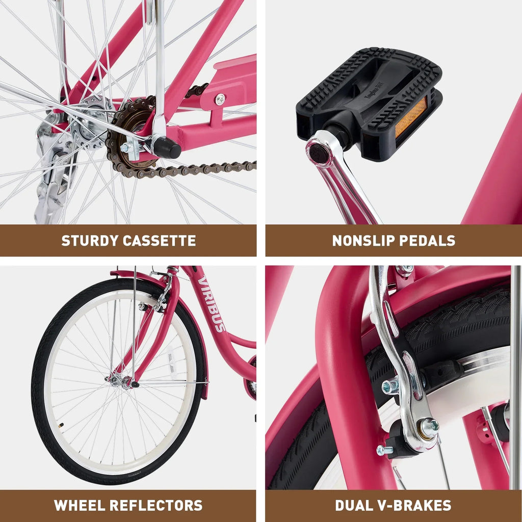 Nouveauté 2026 – Vélo confort femme Viribus , 24 pouces, style cruiser plage et ville, avec panier, blanc