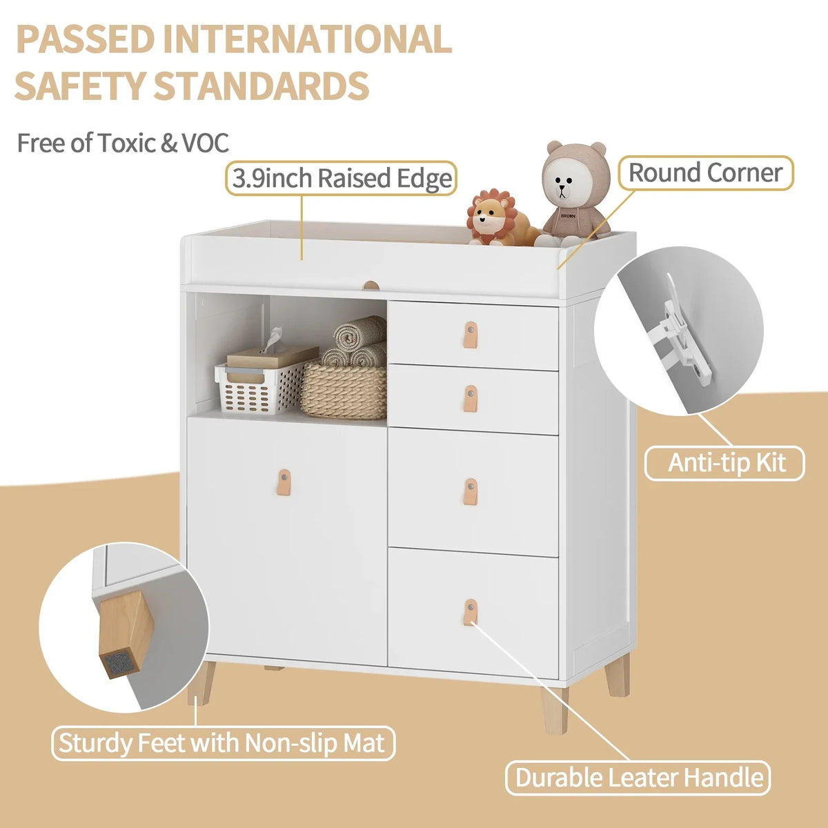 Nouveauté 2026 – Table à langer/commode pour chambre de bébé OXYLIFE , 114 cm (45 po), avec 4 tiroirs et une étagère, blanche