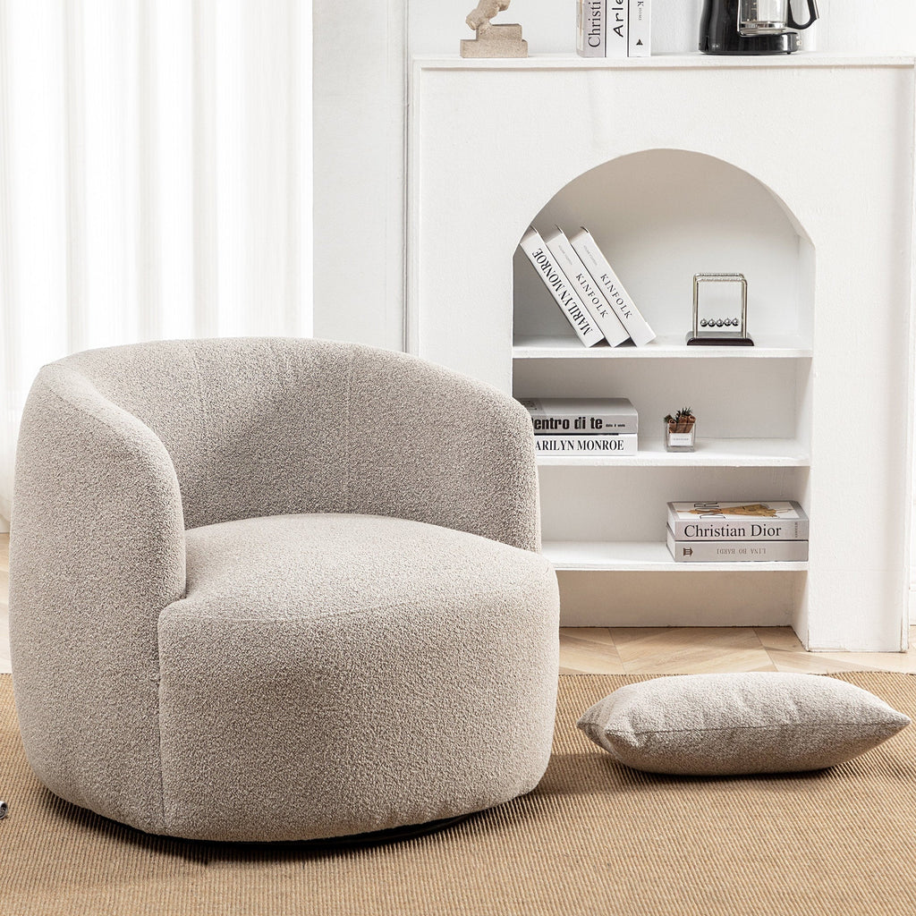 Nouveauté 2026 – Fauteuil pivotant rond 34" en bouclette de 86 cm de large, sans assemblage, avec coussin décoratif, idéal pour le salon et la chambre, couleur taupe