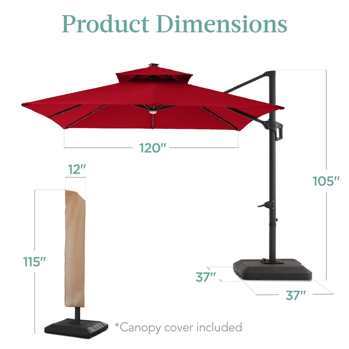 Nouveauté 2026 – Parasol de terrasse carré déporté à deux niveaux, 3 x 3 m, à éclairage solaire LED, avec base incluse (Best Choice Products, ) - Beige
