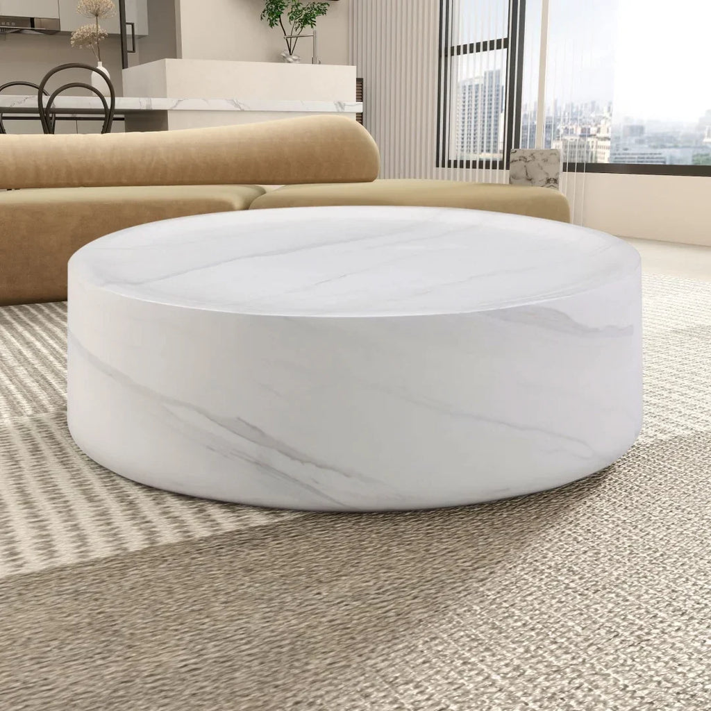 Nouveauté 2026 – Table basse ronde 31,49'' avec texture marbre, table basse circulaire moderne en fibre de verre, table d'appoint pour salon ou extérieur, livrée montée, finition marbre