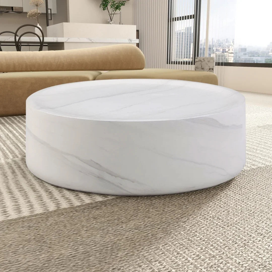 Nouveauté 2026 – Table basse ronde 31,49'' avec texture marbre, table basse circulaire moderne en fibre de verre, table d'appoint pour salon ou extérieur, livrée montée, finition marbre