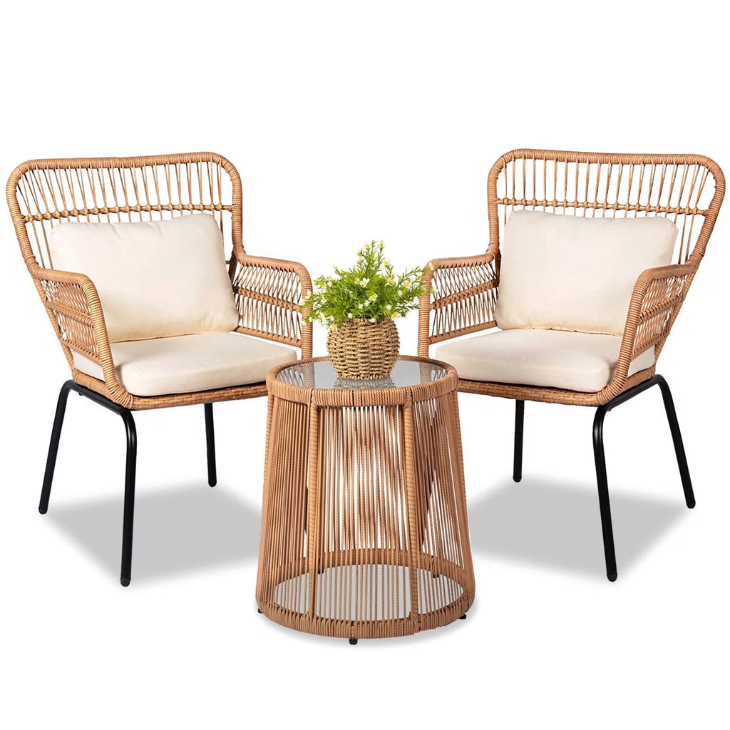 Nouveauté 2026 – Ensemble bistro de conversation 3 pièces Tappio pour patio, mobilier de jardin en rotin, table basse en verre et coussins, jaune/beige, idéal pour le jardin, le balcon, la terrasse ou la piscine