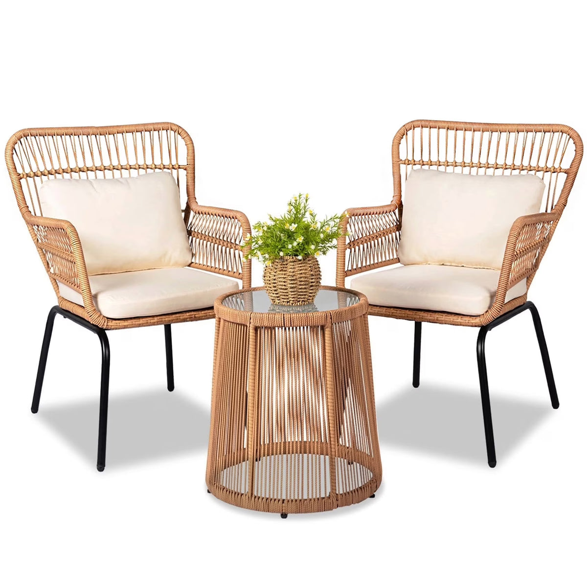 Nouveauté 2026 – Ensemble bistro de conversation 3 pièces Tappio pour patio, mobilier de jardin en rotin, table basse en verre et coussins, jaune/beige, idéal pour le jardin, le balcon, la terrasse ou la piscine