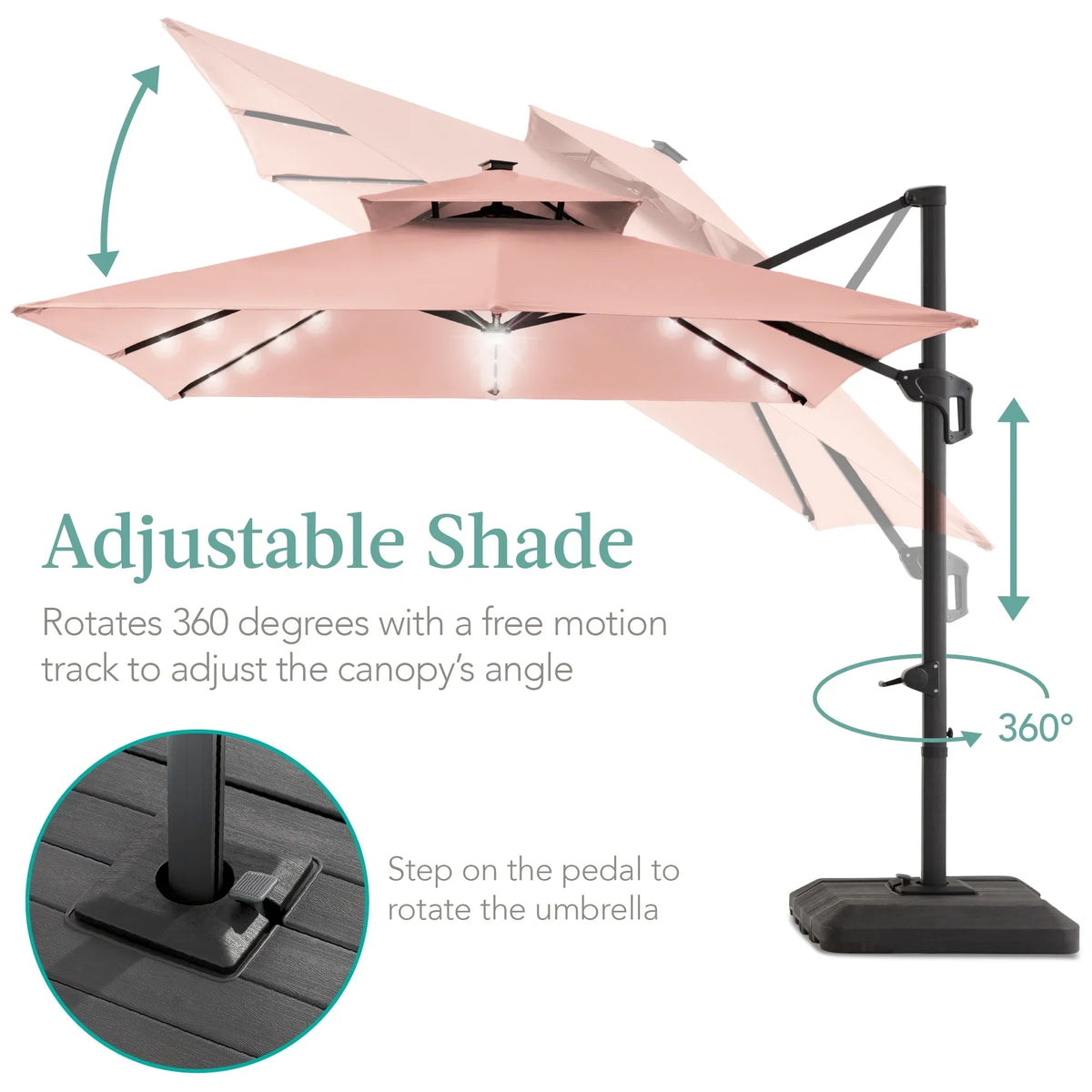 Nouveauté 2026 – Parasol de terrasse carré déporté à deux niveaux, 3 x 3 m, à éclairage solaire LED, avec base incluse (Best Choice Products, ) - Beige