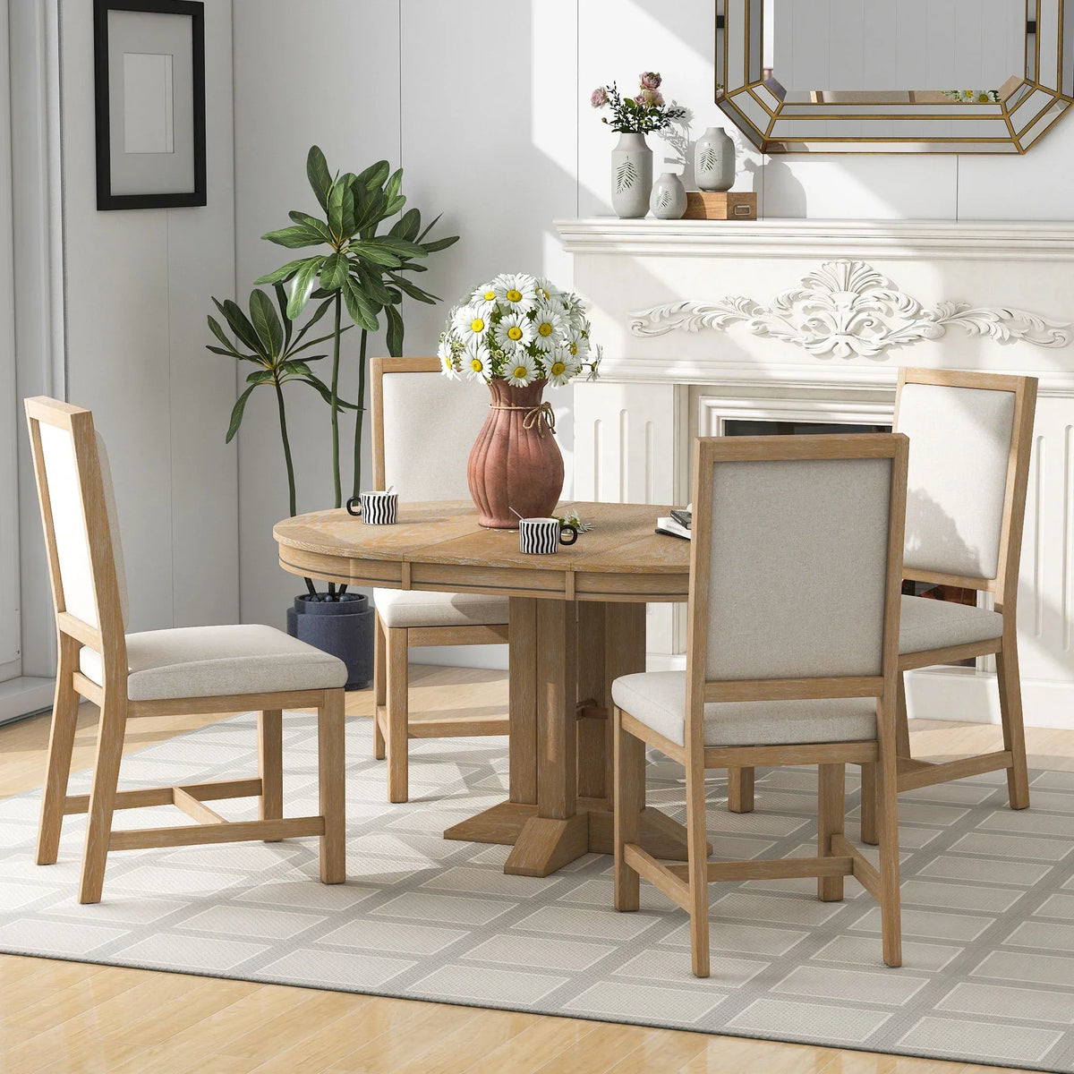 Nouveauté 2026 – Ensemble de salle à manger rond 5 pièces , comprenant une table extensible et 4 chaises rembourrées, en bois, pour 4 personnes. Style campagnard, idéal pour la cuisine, la salle à manger ou un appartement. Couleur : marron