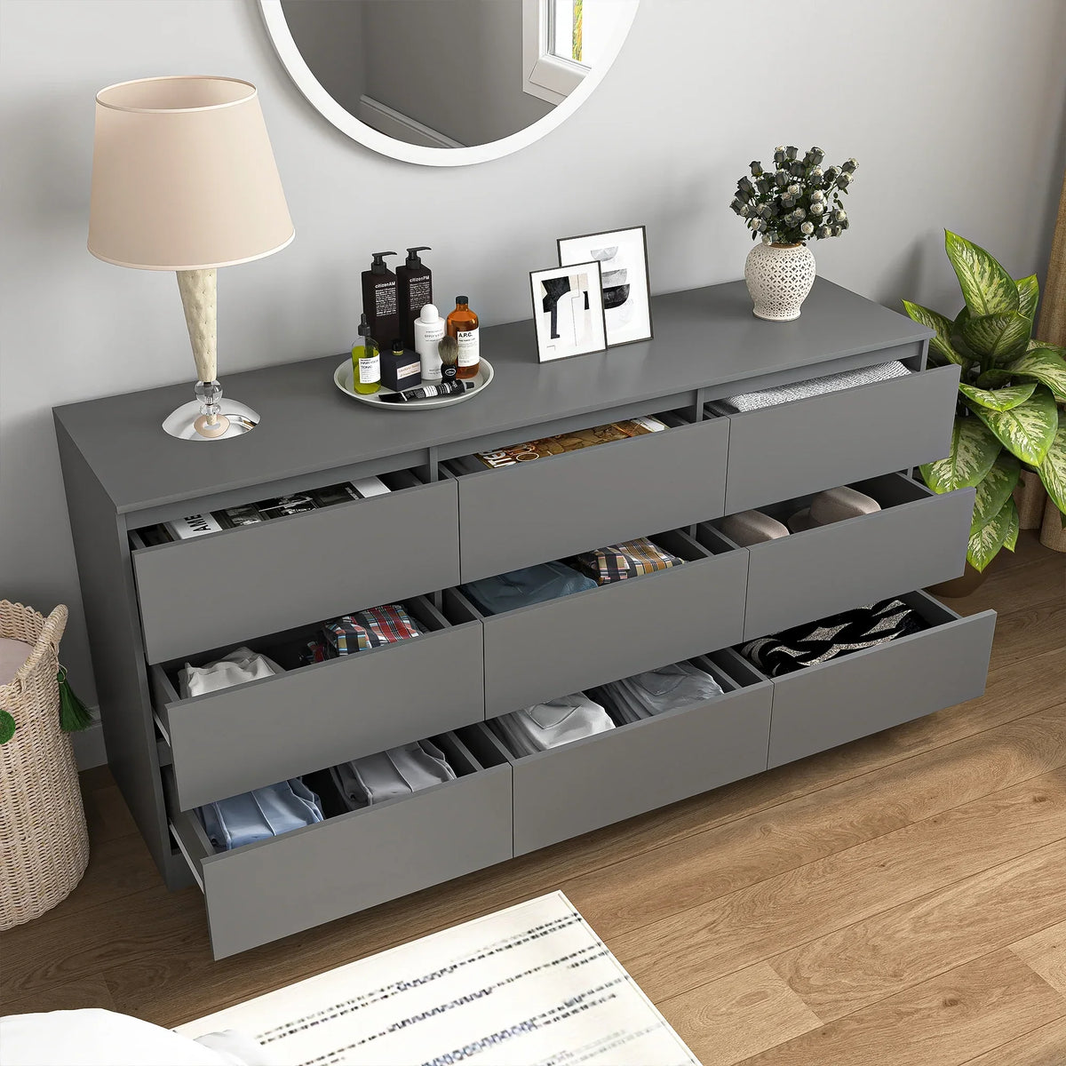 Nouveauté 2026 – Commode Resenkos moderne style milieu du siècle, 6 tiroirs, large, pour chambre à coucher, grise