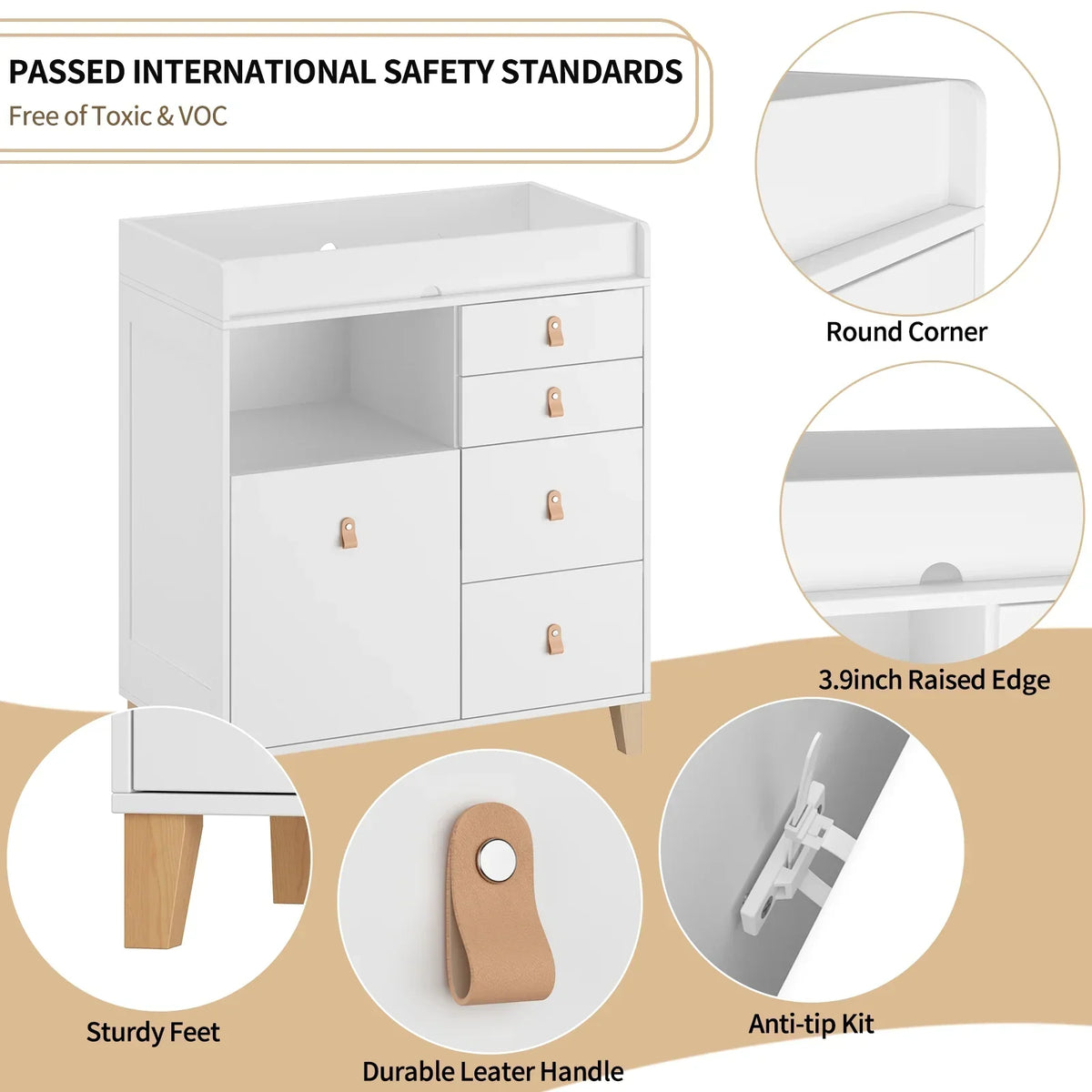 Nouveauté 2026 – Table à langer/commode pour chambre de bébé OXYLIFE , 114 cm (45 po), avec 4 tiroirs et une étagère, blanche