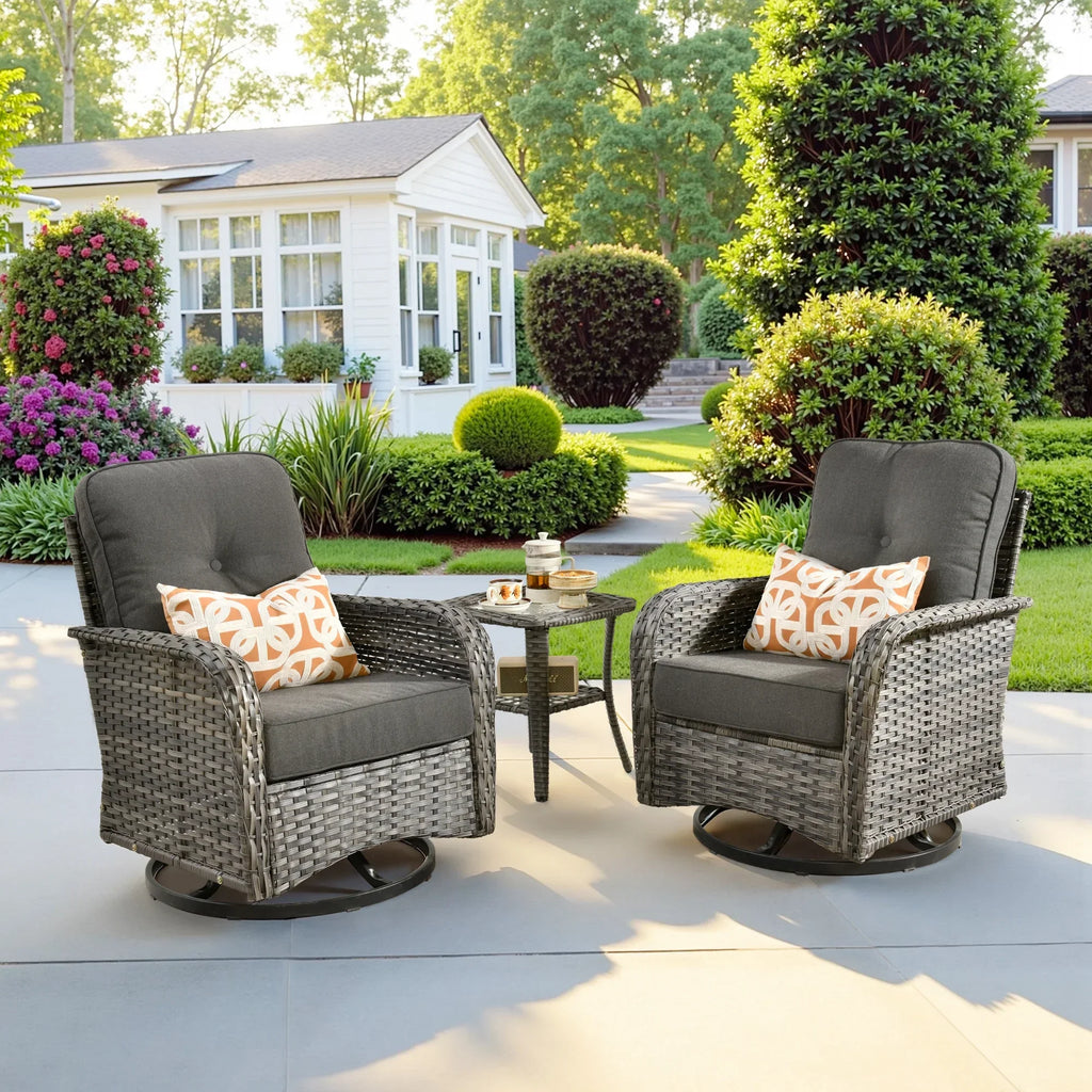 Nouveauté 2026 – Ensemble de mobilier de jardin 5 pièces Ovios , comprenant fauteuils pivotants et table basse, en résine tressée résistante aux intempéries, gris foncé