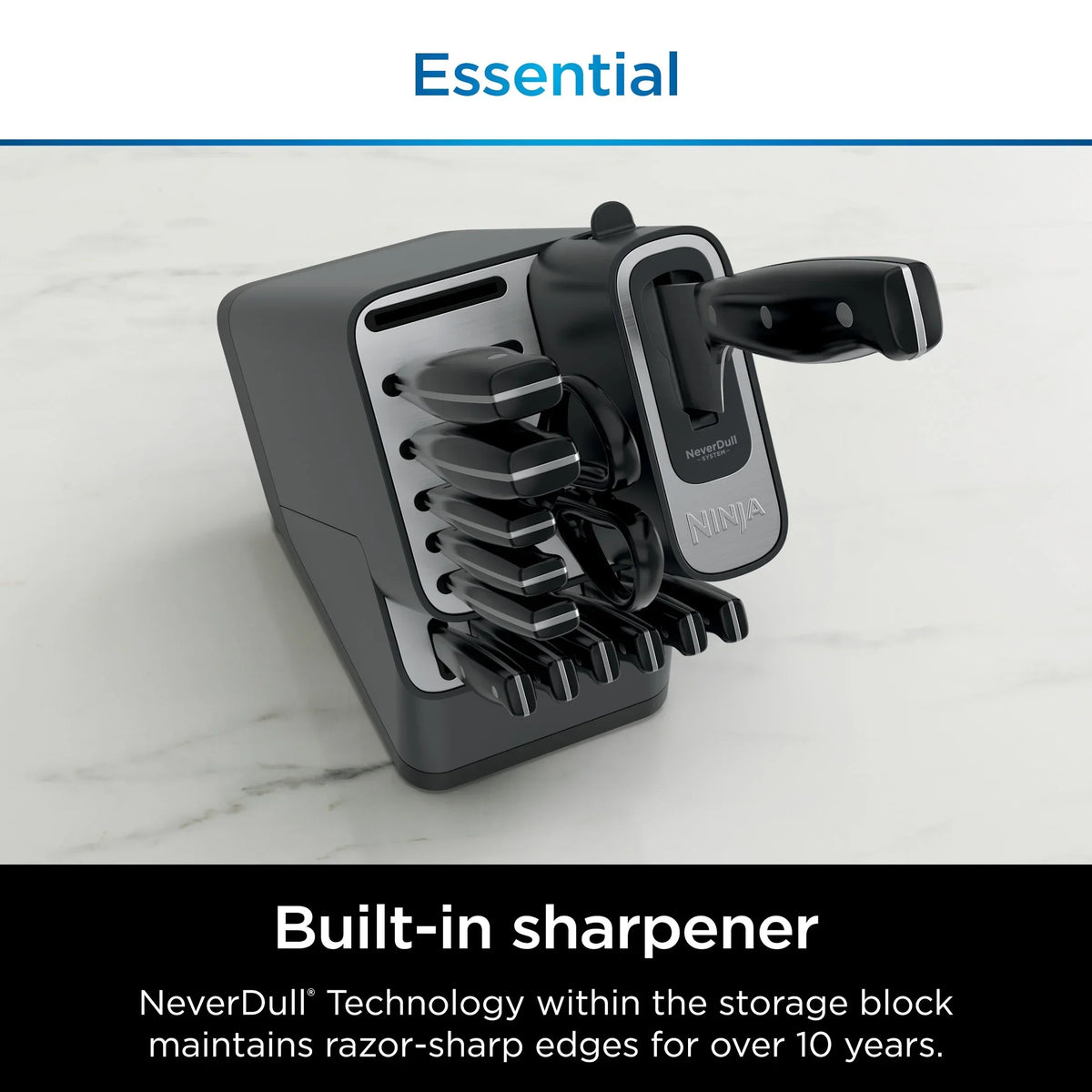 Nouveauté 2026 – Système de couteaux essentiels 14 pièces en acier inoxydable Ninja NeverDull avec affûteur intégré, K12014 Noir/Gris