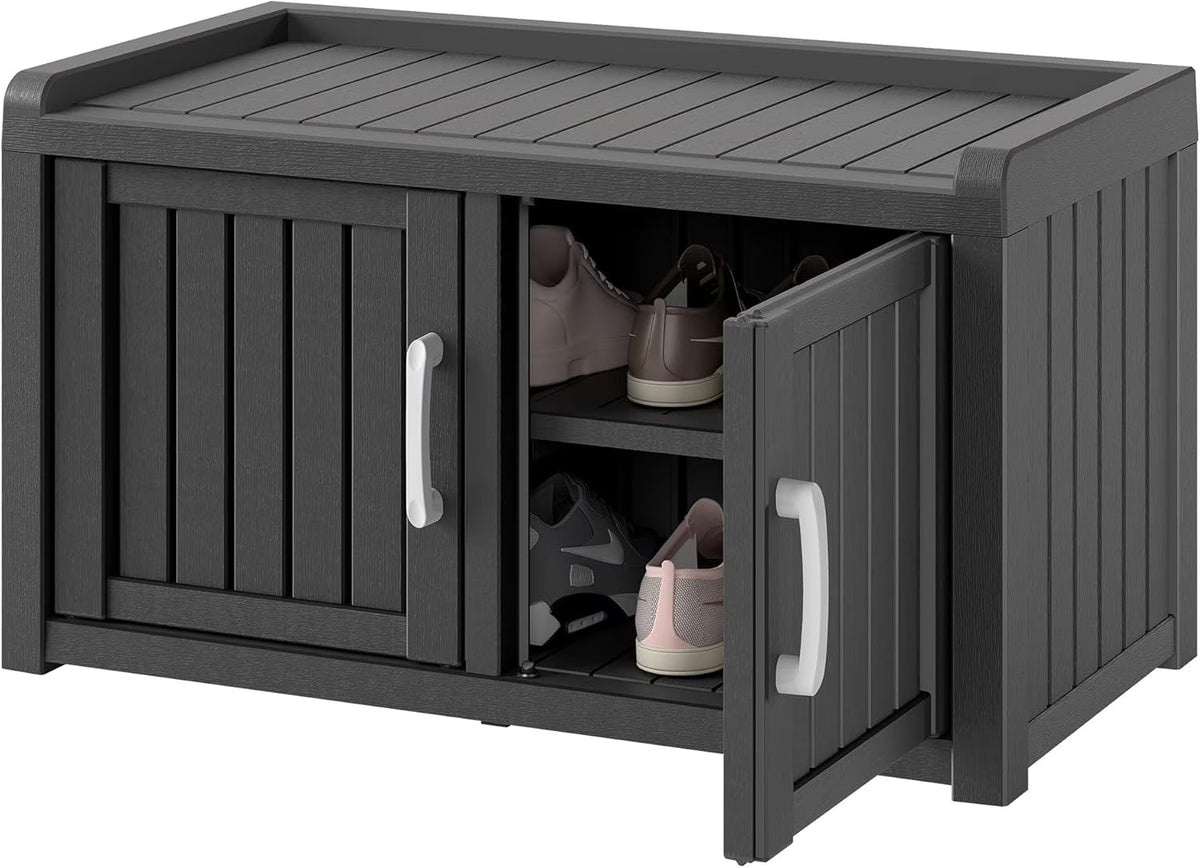 Nouveauté 2026 – Meuble de rangement à chaussures d'extérieur KAMABOKO , banc de rangement étanche et résistant aux UV pour entrée, intérieur et extérieur, avec 2 portes coulissantes de style grange et étagères réglables pour entrée, chambre, couloir