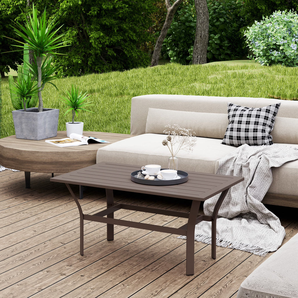 Nouveauté 2026 – Table basse d'extérieur Outsunny , table basse rectangulaire résistante aux intempéries pour patio, avec plateau à lattes, marron