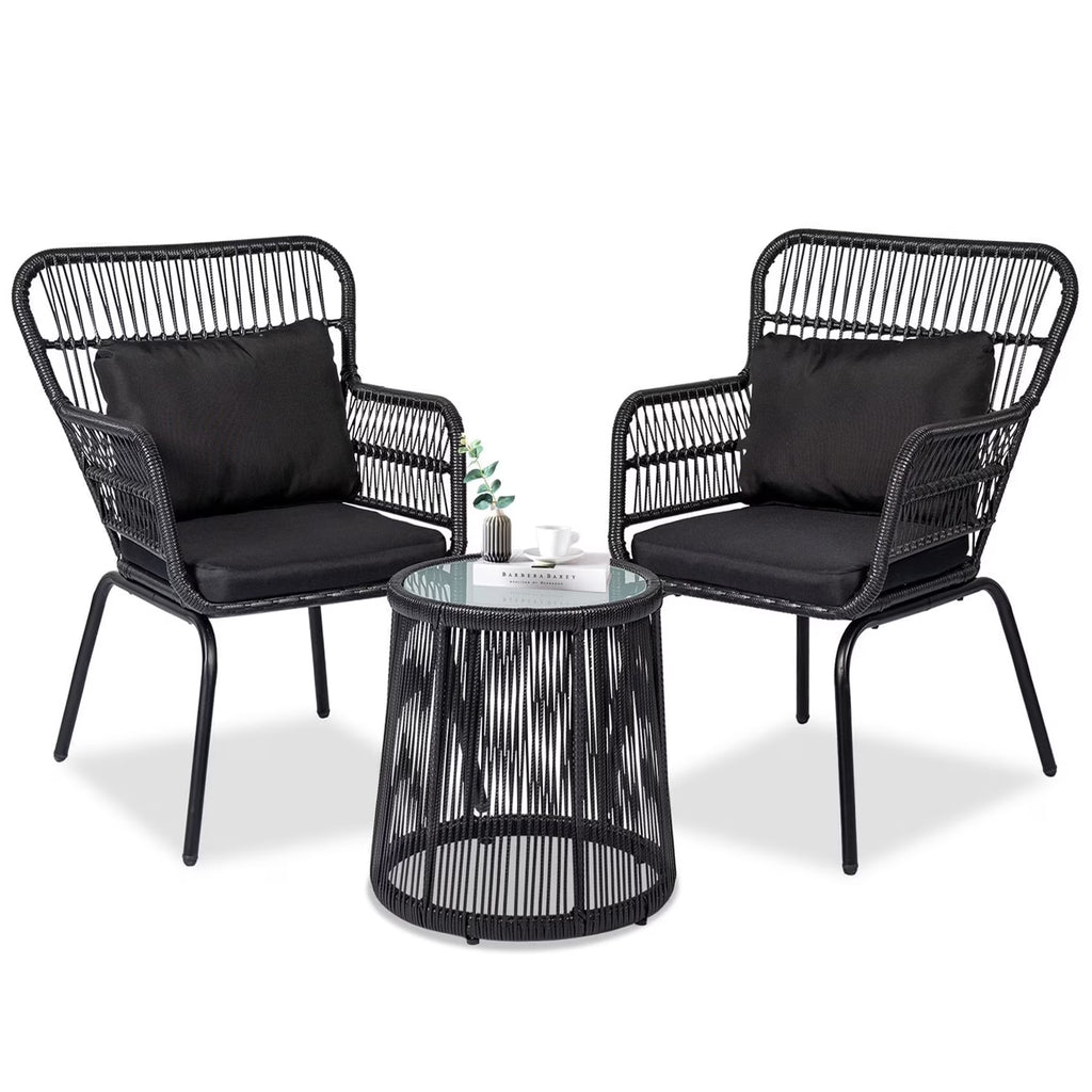 Nouveauté 2026 – Ensemble bistro de conversation 3 pièces Tappio pour patio, mobilier de jardin en rotin, table basse en verre et coussins, jaune/beige, idéal pour le jardin, le balcon, la terrasse ou la piscine