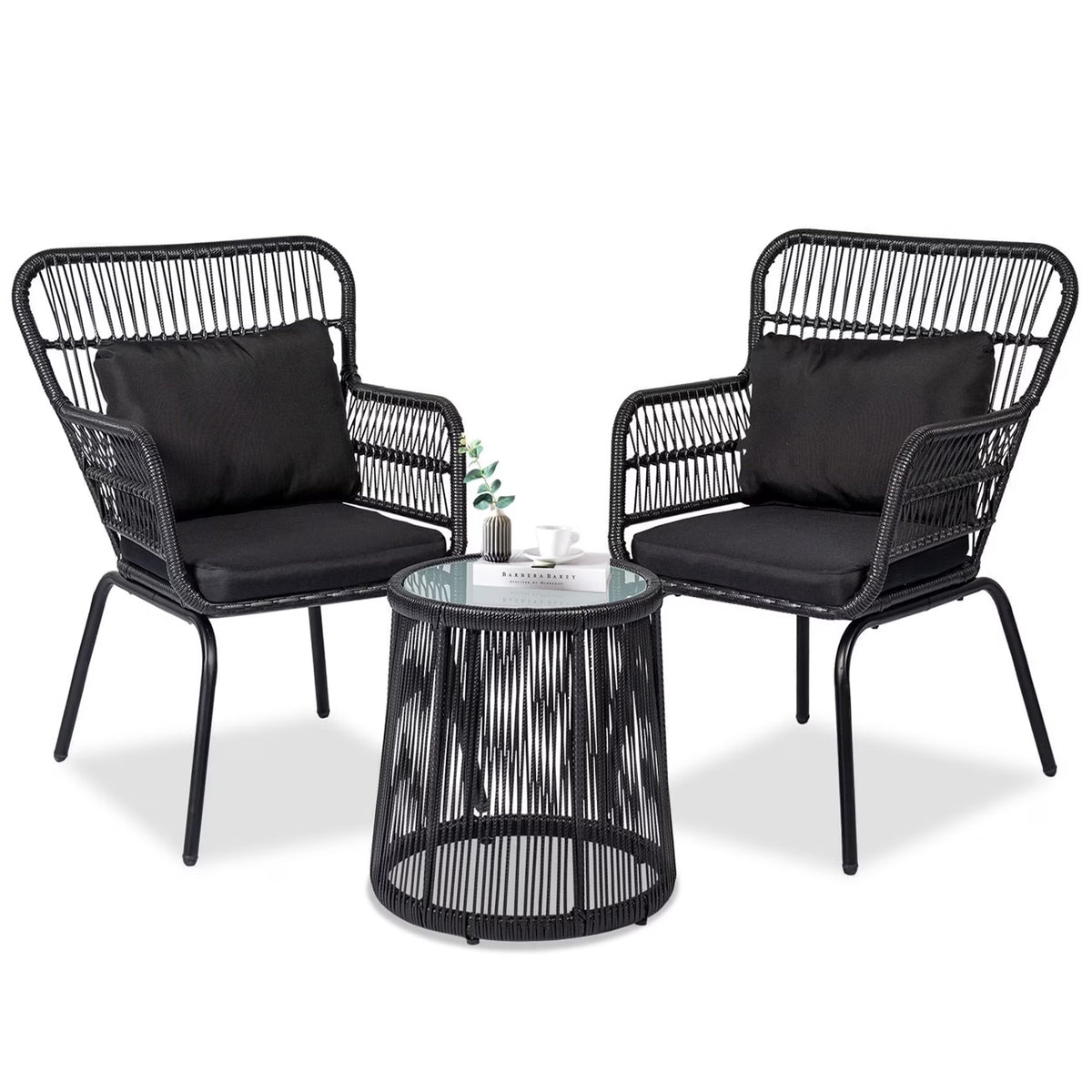 Nouveauté 2026 – Ensemble bistro de conversation 3 pièces Tappio pour patio, mobilier de jardin en rotin, table basse en verre et coussins, jaune/beige, idéal pour le jardin, le balcon, la terrasse ou la piscine