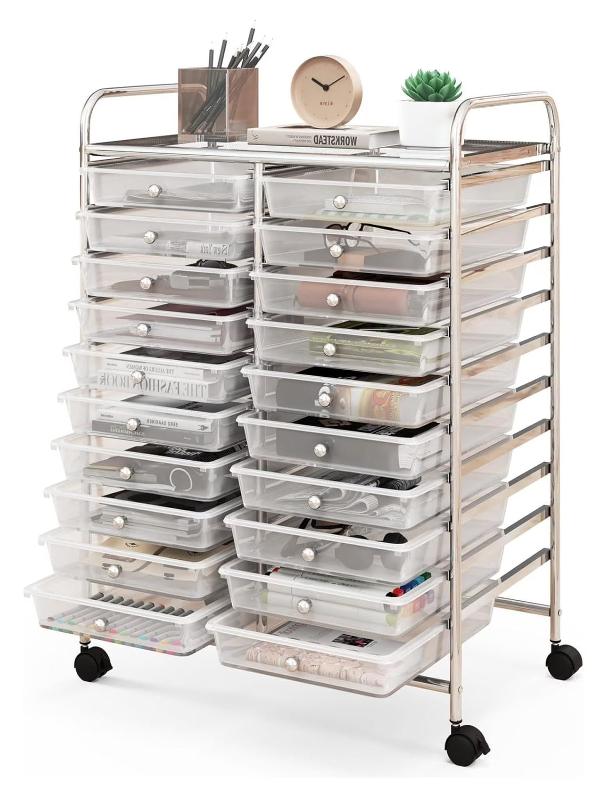 Nouveauté 2026 – Chariot de rangement à 20 tiroirs avec roulettes, semi-transparent, mobile, pour l'école, la salle de classe, le bureau, la maison, le salon, le rangement pour dossiers, scrapbooking et loisirs créatifs