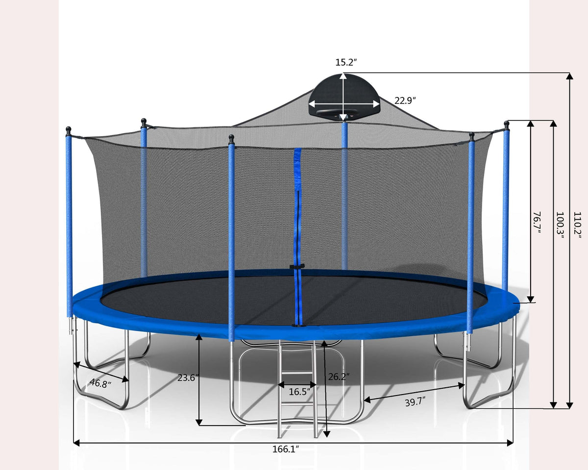 Nouveauté 2026 – Trampoline d'extérieur 4,27 m (14 pi) neuf de avec filet de sécurité, structure tubulaire en acier, échelle et filet de protection - Modèle robuste, bleu