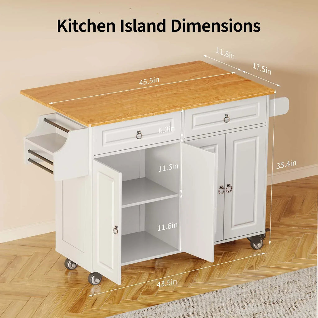 Nouveauté 2026 – Îlot de cuisine Lofka 52 pouces (132 cm) avec rangement sur roulettes et abattant en bois, idéal pour les petites cuisines