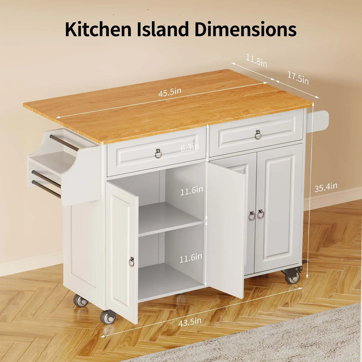 Nouveauté 2026 – Îlot de cuisine Lofka 52 pouces (132 cm) avec rangement sur roulettes et abattant en bois, idéal pour les petites cuisines