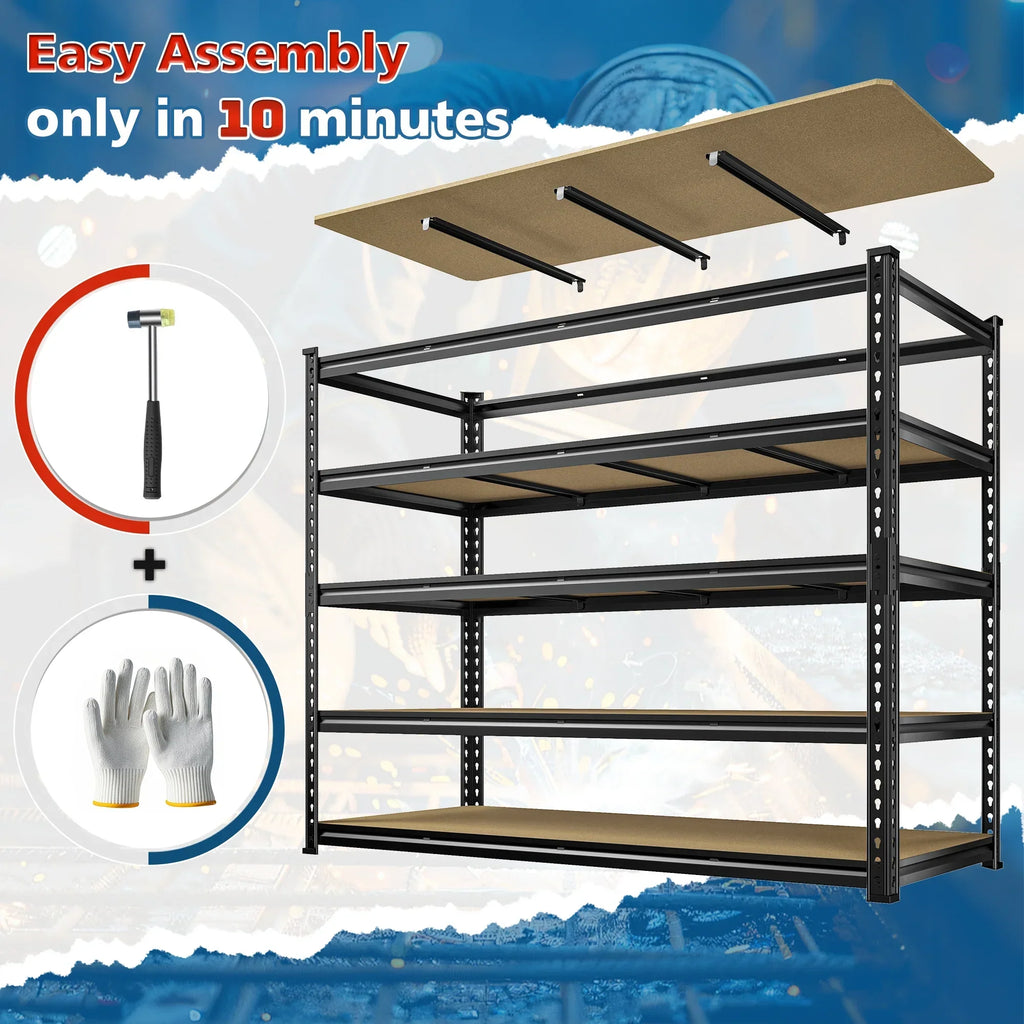Nouveauté 2026 – Étagère de garage REIBII , 152 cm (L) x 61 cm (P) x 183 cm (H), robuste, supportant jusqu'à 1360 kg (3000 lb), réglable, 5 niveaux, en métal