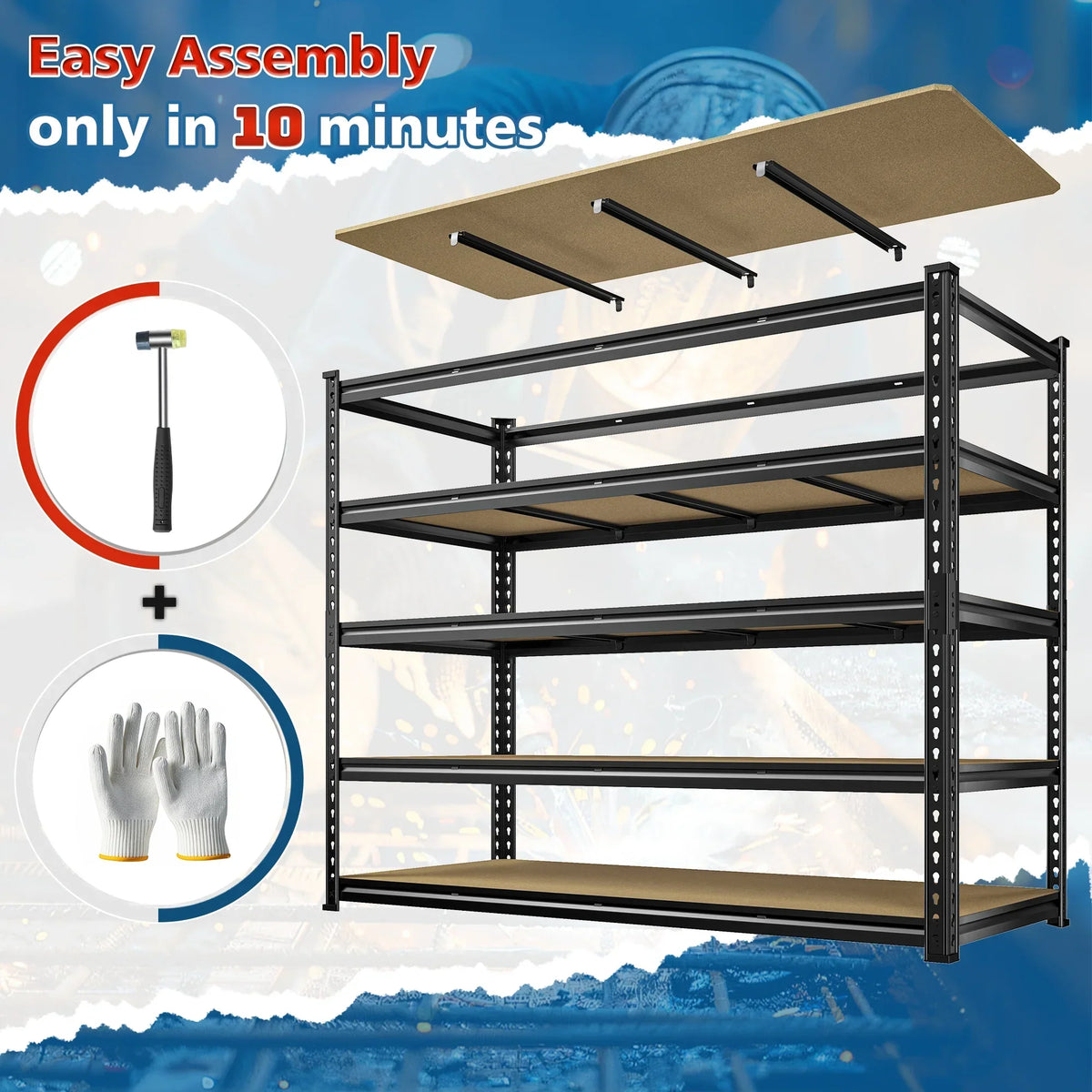Nouveauté 2026 – Étagère de garage REIBII , 152 cm (L) x 61 cm (P) x 183 cm (H), robuste, supportant jusqu'à 1360 kg (3000 lb), réglable, 5 niveaux, en métal