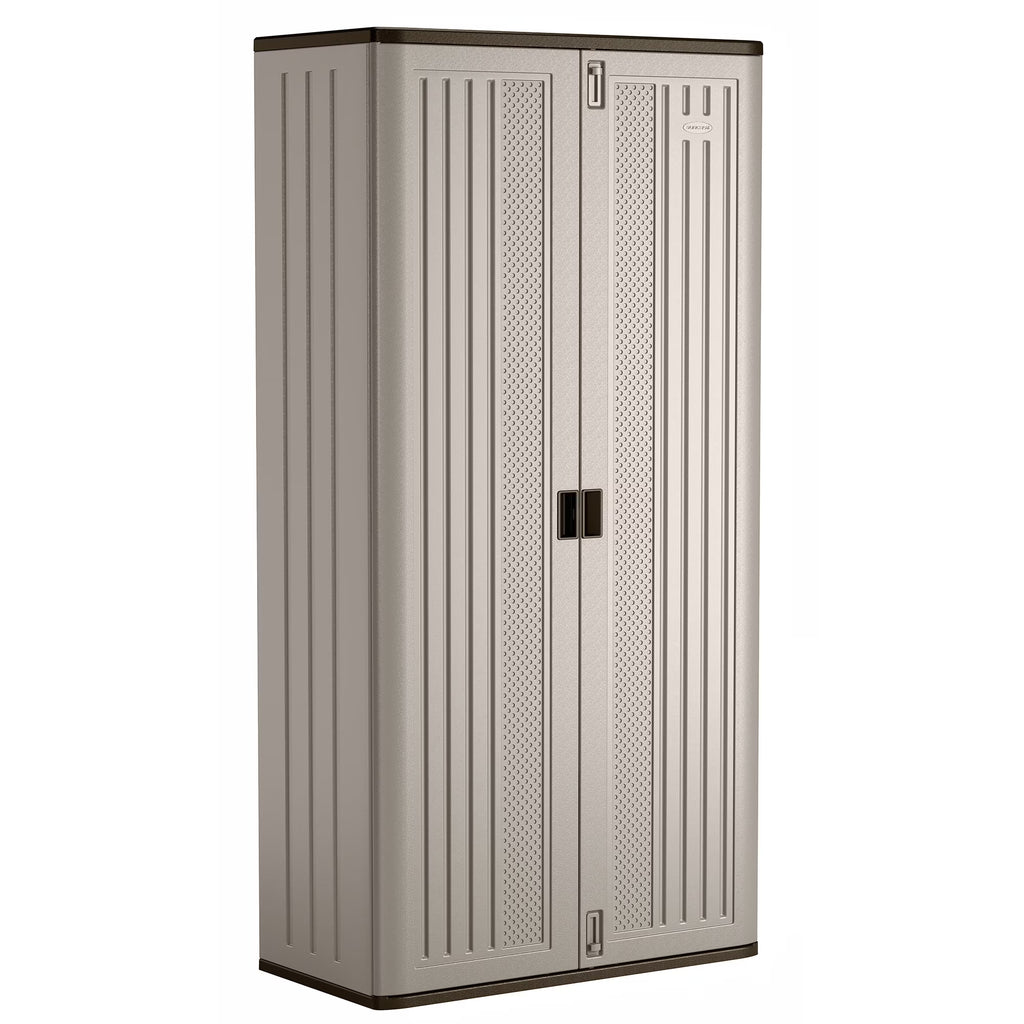 Nouveauté 2026 – Armoire de rangement extérieure Suncast Mega Tall en résine avec 3 étagères, finition platine métallisée