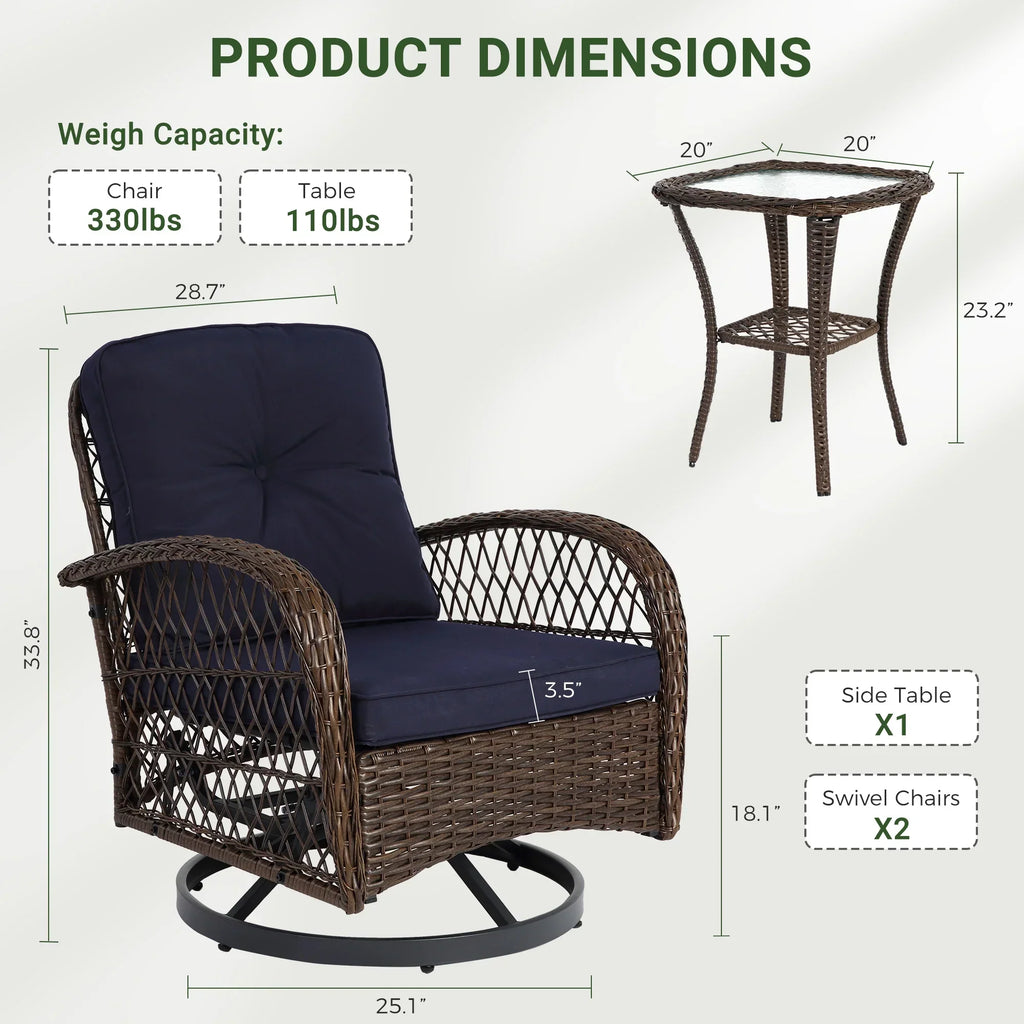 Nouveauté 2026 – Ensemble de 3 fauteuils à bascule pivotants pour patio, 2 fauteuils à bascule pivotants à 360 degrés et 1 table basse en verre, ensemble bistro d'extérieur en rotin PE avec coussins pour balcon, terrasse, piscine, jardin ou véranda