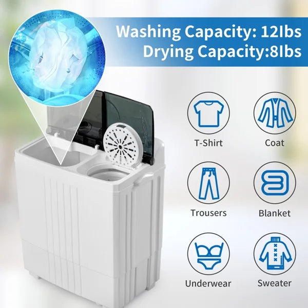 Nouveauté 2026 – Lave-linge semi-automatique compact 1300 tr/min, 9 kg (20 lb), double cuve, avec pompe intégrée, idéal pour appartement, résidence étudiante, camping-car et camping. Blanc/noir