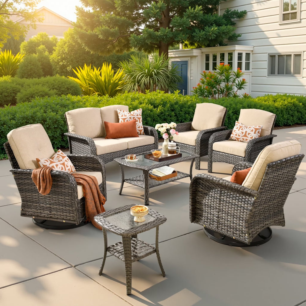 Nouveauté 2026 – Ensemble de mobilier de jardin 5 pièces Ovios , comprenant fauteuils pivotants et table basse, en résine tressée résistante aux intempéries, gris foncé
