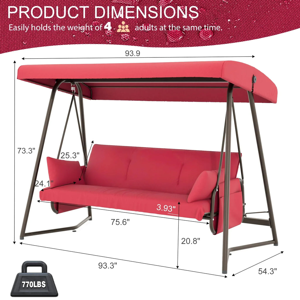 Nouveauté 2026 – Balancelle d'extérieur surdimensionnée 4 places TQKVIPI avec dossier réglable et auvent, convertible en lit suspendu 2 en 1 (capacité de 363 kg), avec coussins amovibles, idéale pour jardin, terrasse, piscine ou balcon