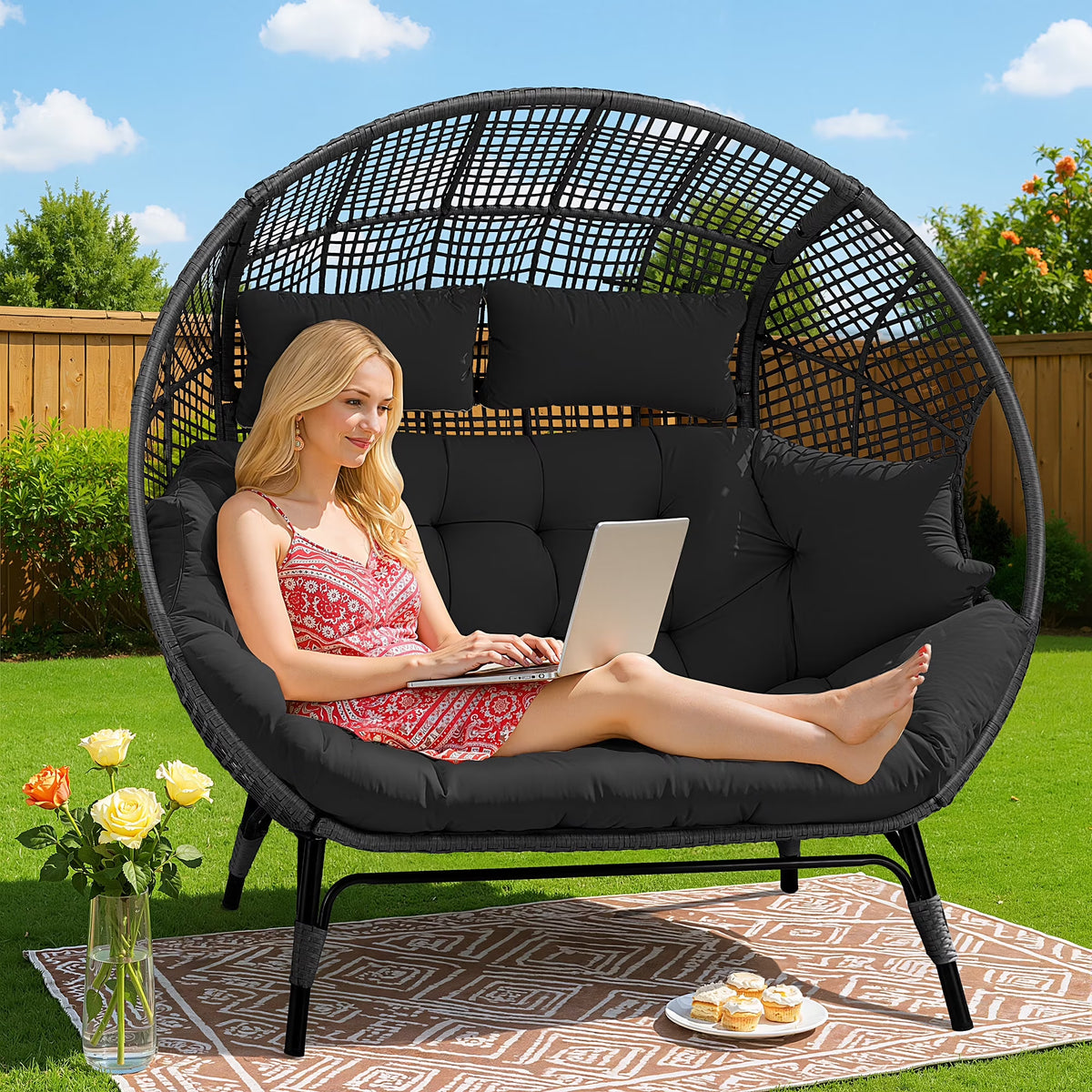 Nouveauté 2026 – Fauteuil double œuf RADIATA pour 2 personnes, canapé deux places surdimensionné en résine tressée avec coussins épais, capacité de 308 kg, fauteuil de jardin/terrasse fixe pour intérieur/extérieur, balcon, jardin, beige
