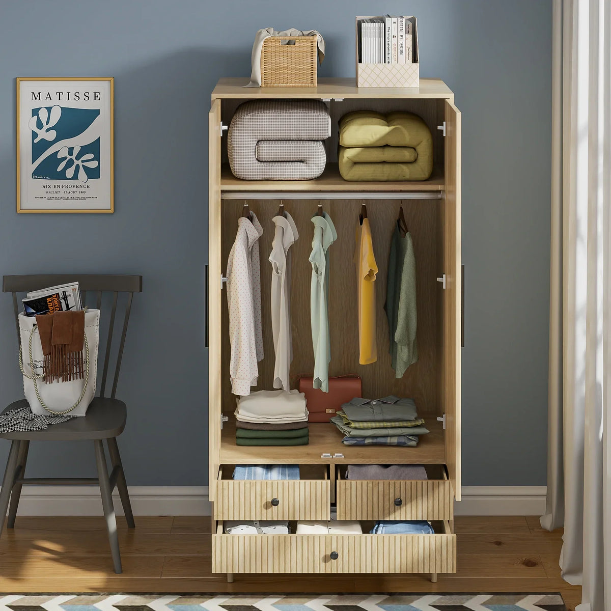 Nouveauté 2026 – Armoire-penderie Armoire , meuble de rangement avec tiroirs et penderie pour chambre à coucher, blanc