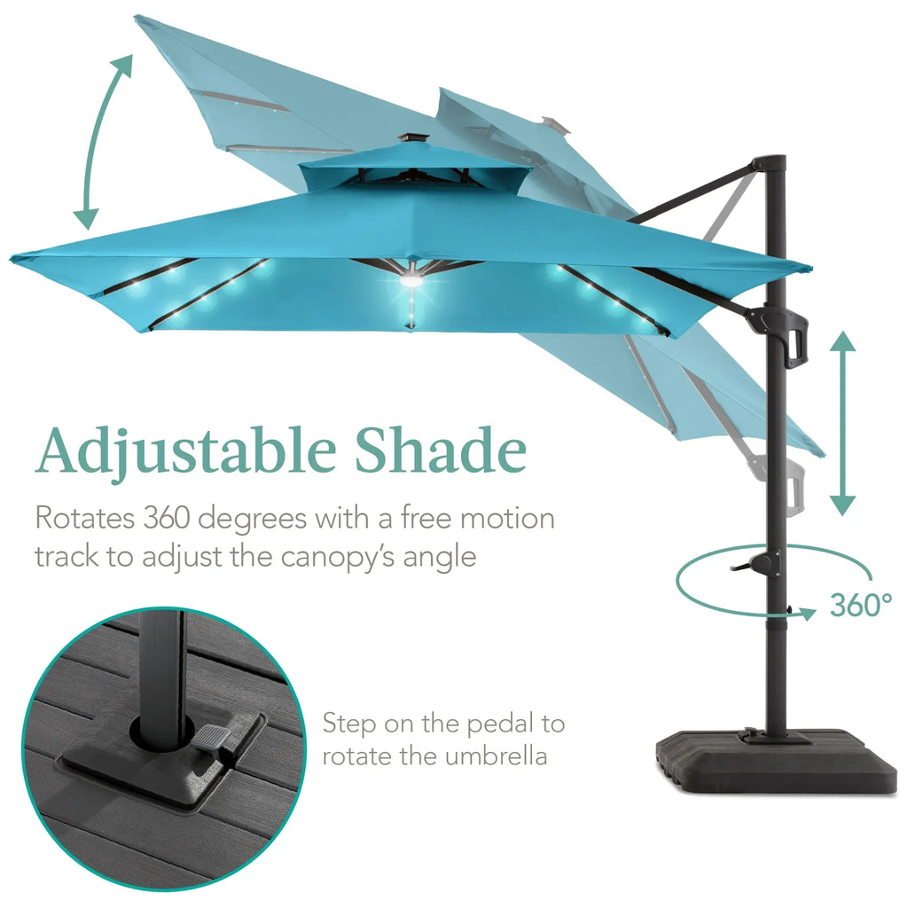 Nouveauté 2026 – Parasol de terrasse carré déporté à deux niveaux, 3 x 3 m, à éclairage solaire LED, avec base incluse (Best Choice Products, ) - Beige