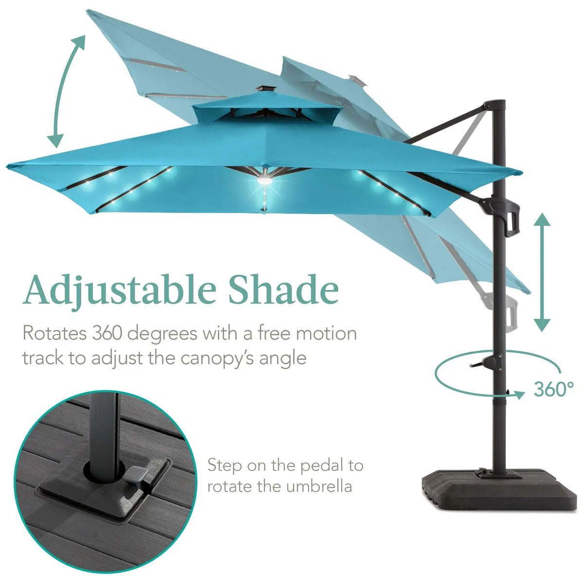 Nouveauté 2026 – Parasol de terrasse carré déporté à deux niveaux, 3 x 3 m, à éclairage solaire LED, avec base incluse (Best Choice Products, ) - Beige