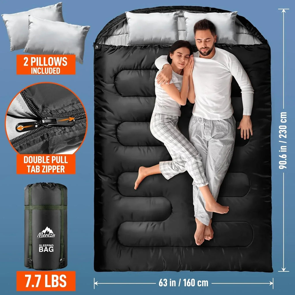 Nouveauté 2026 – Sac de couchage double pour adultes (hommes) avec oreiller, taille XL/Queen, idéal pour le camping, la randonnée et le trekking toutes saisons, par temps froid et chaud