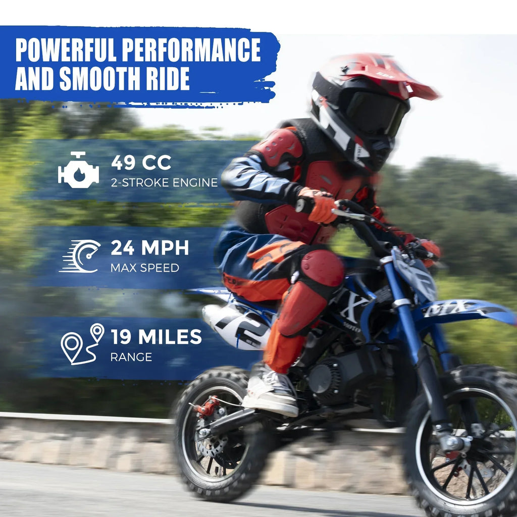 Nouveauté 2026 – Moto tout-terrain enfant MX 49 cm³ , moteur 2 temps à essence, suspension à ressorts, selle confortable, freins à disque avant et arrière, vitesse maximale de 45 km/h