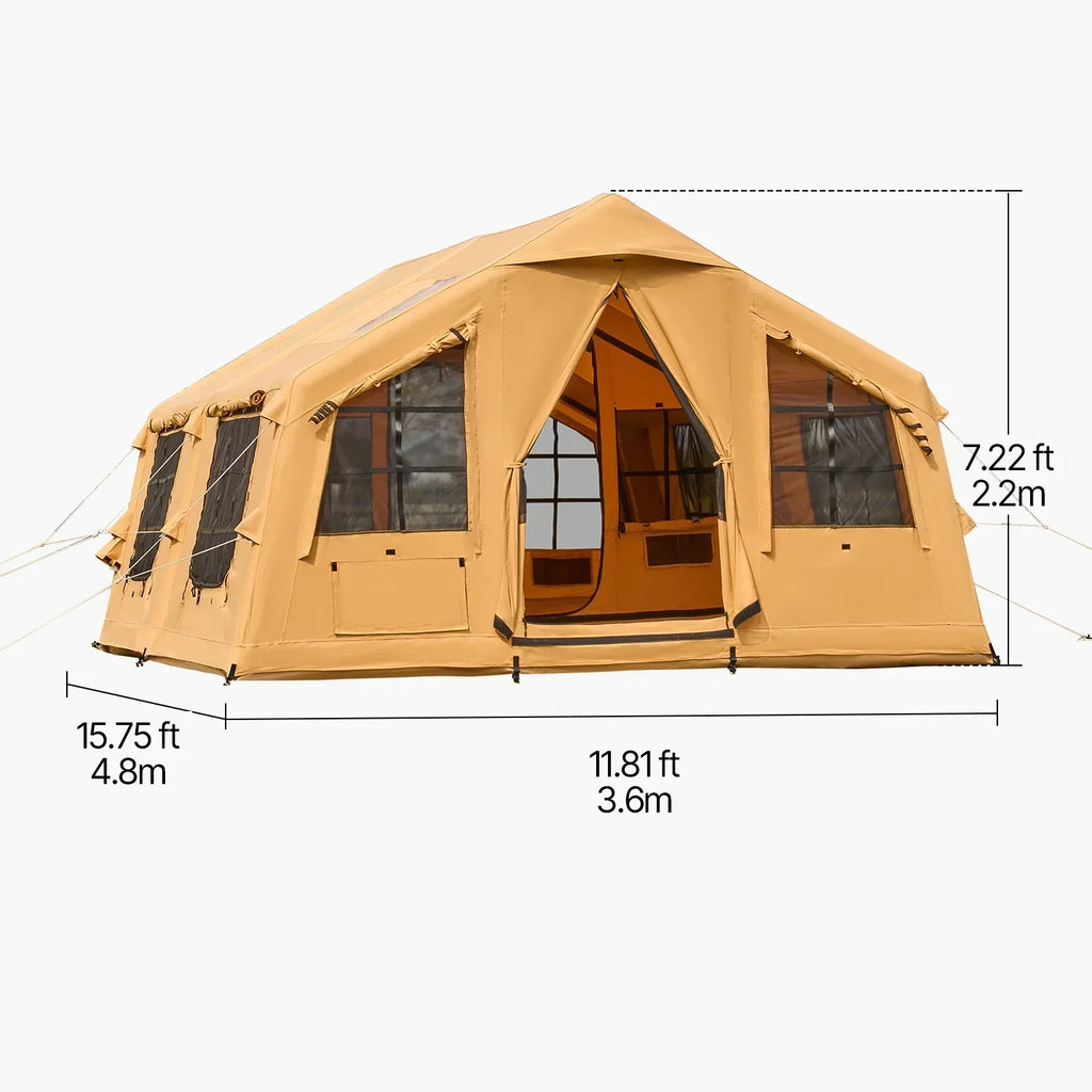 Nouveauté 2026 – Tente gonflable KFFKFF pour 8 à 12 personnes, 4,80 m x 3,60 m x 2,20 m, tente de glamping gonflable avec pompe manuelle, tente gonflable étanche, abri de camping toutes saisons avec double toit ouvrant et sortie pour poêle