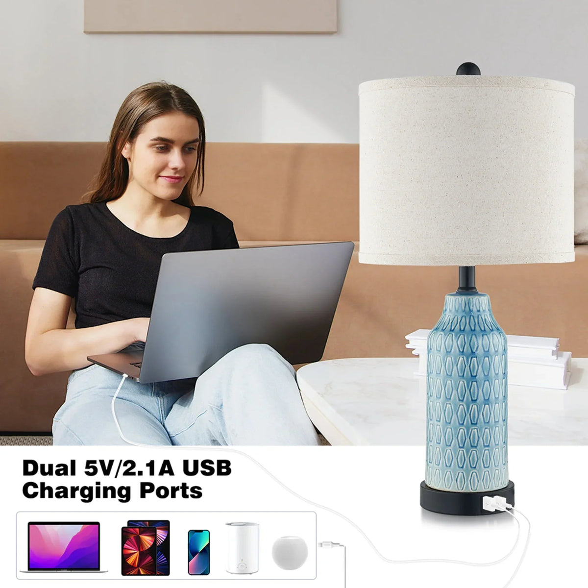 Nouveauté 2026 – Ensemble de 2 lampes de table Cinkeda pour salon et chambre à coucher, avec ports USB, prise secteur, intensité réglable à 3 niveaux, veilleuse tactile, style champêtre, motif floral blanc, lampes de chevet